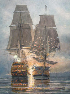 Artist's rendition of the Bon Homme Richard vs. HMS Serapis. 