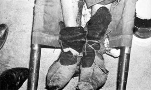 Leather shoes of Che Guevara worn when he was executed. Blood is from the leg wound suffered in combat.