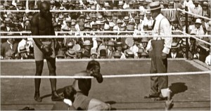 Jack Johnson knocks out Jim Jeffries, July 4, 1910, Reno, Nevada.