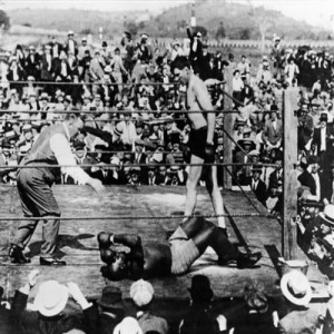 Jess Willard knocks out Jack Johnson in the 26th round, April 5, 1915, Havana, Cuba. 